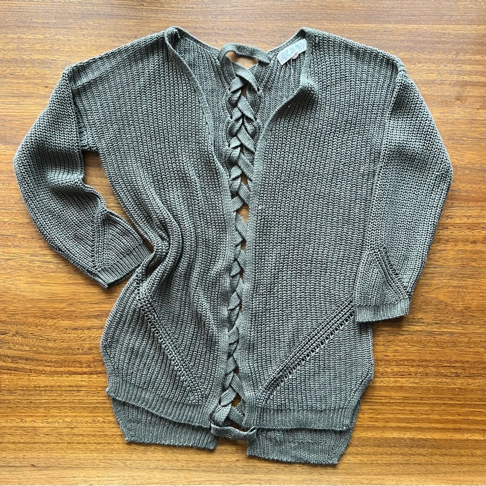 Pink Rose Sweater Braided Down Back Forest Green Small